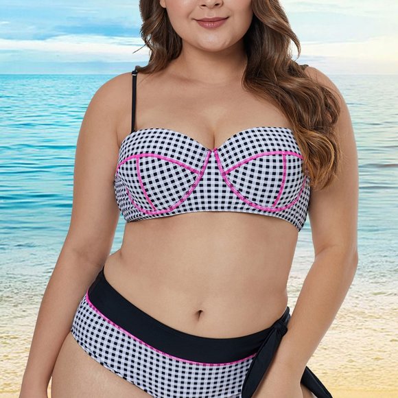 Dreamkue White Contrast Piping Tartan Printed Pattern Plus Size Bikini - Picture 3 of 6